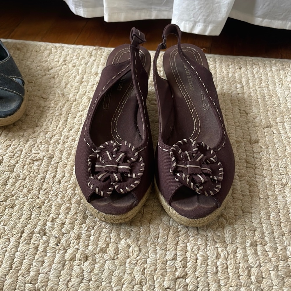 Brown wedge open toe shoe